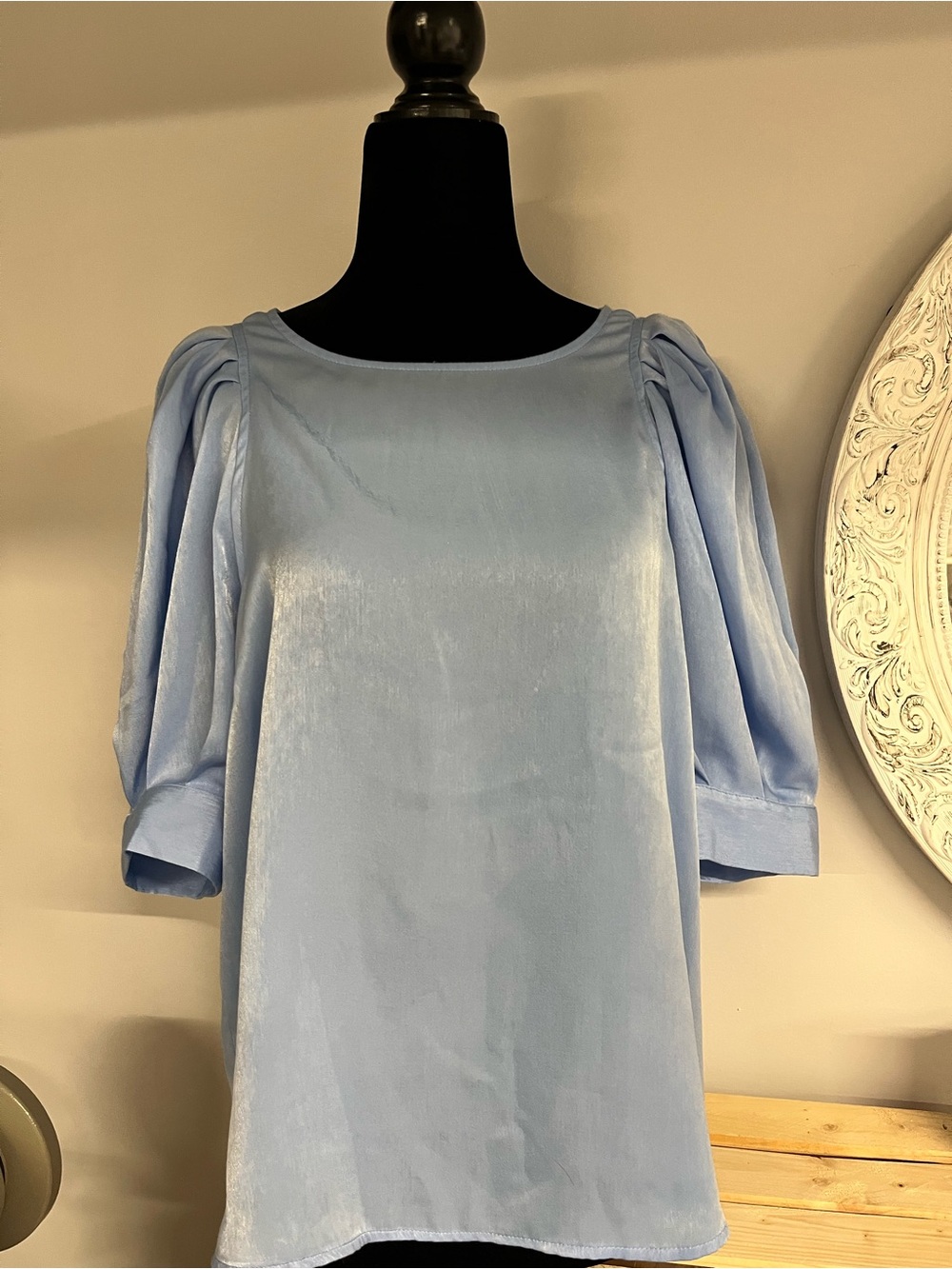 DKNY Frost Blue Metallic Puff Sleeve Blouse XL NWT